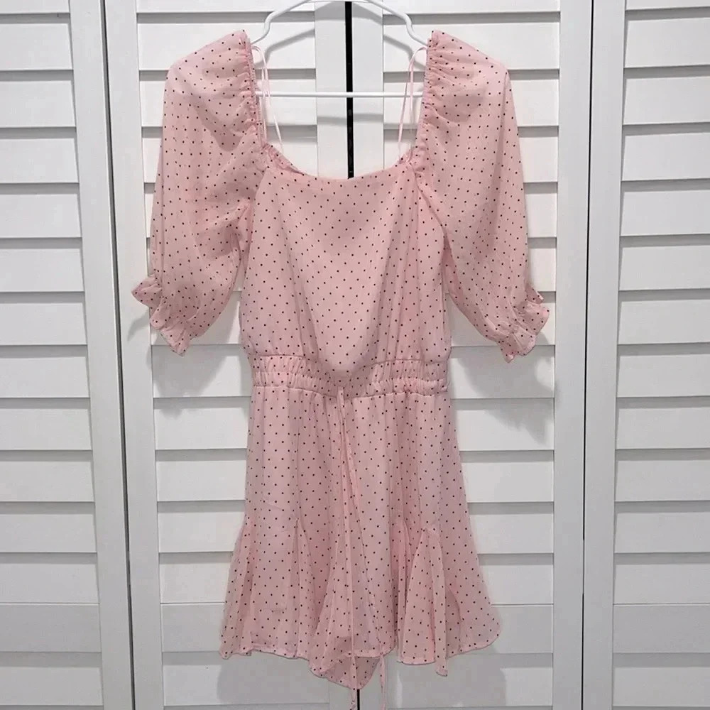 New feminine jumper xs ruffle sheer sleeves flowy bottom stretchy pink polka dot
